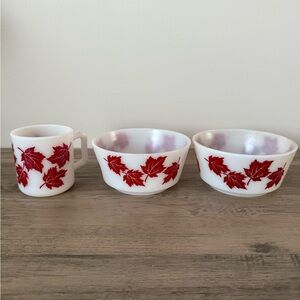 Vintage Hazel Atlas milk glass red maple leaves small mug and 2 Bowls